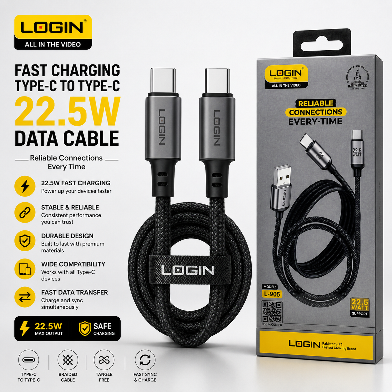 LOGIN L905 22.5W Type-C Fast Charging Cable – High-Speed USB to Type-C Charging Lead