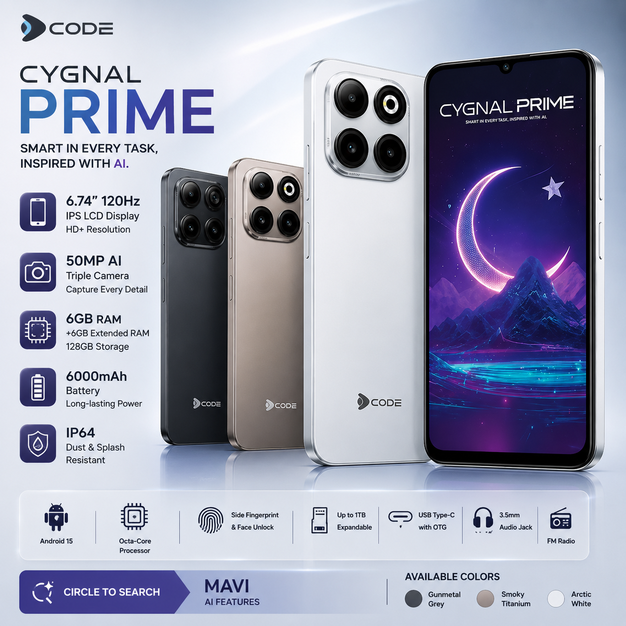 Dcode Cygnal Prime (6GB RAM + 128GB Storage) – 6000mAh Battery, 120Hz Display, 50MP AI Camera