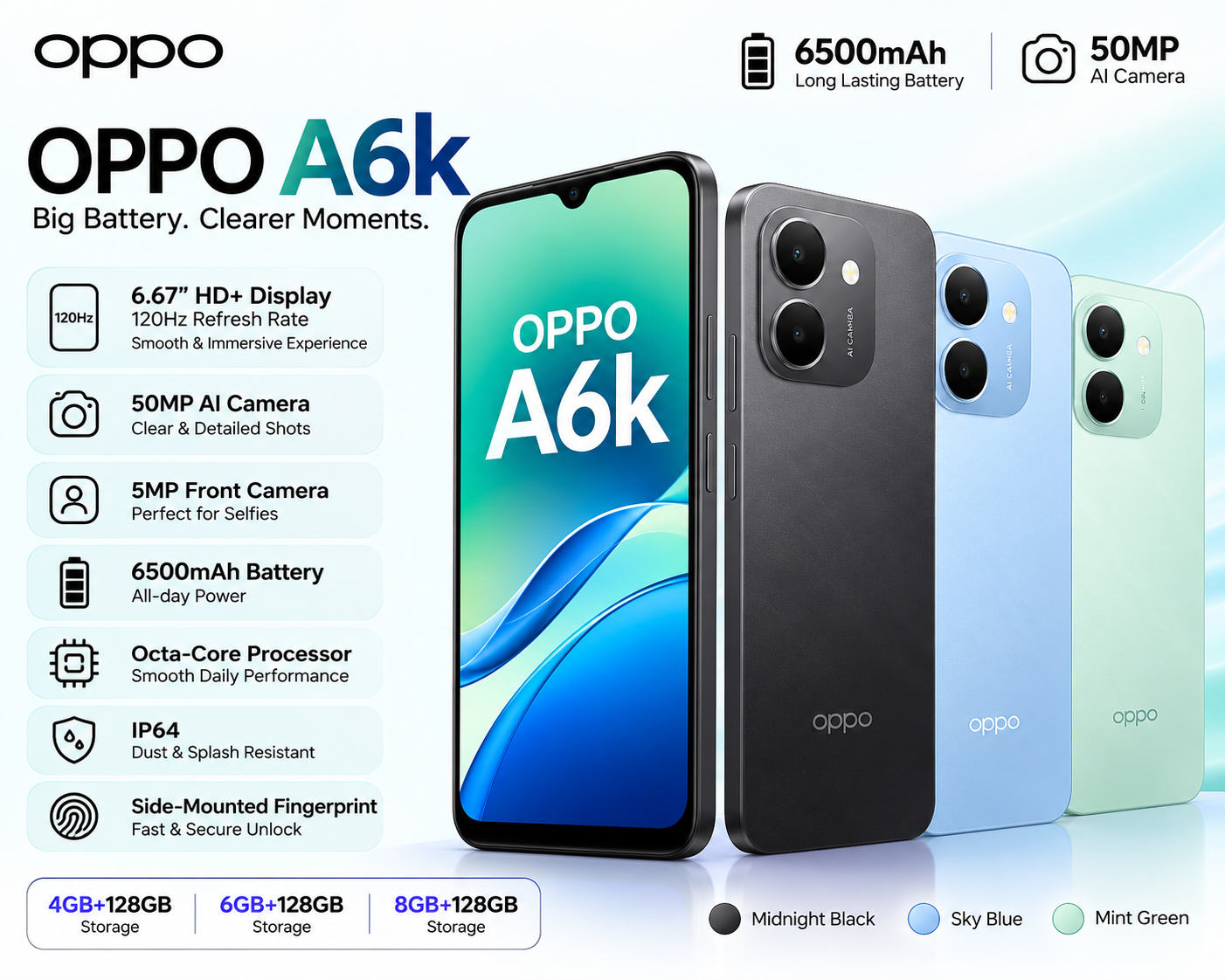 OPPO A6k Smartphone – 120Hz Display, 6500mAh Battery (4GB + 64GB / 4GB + 128GB)