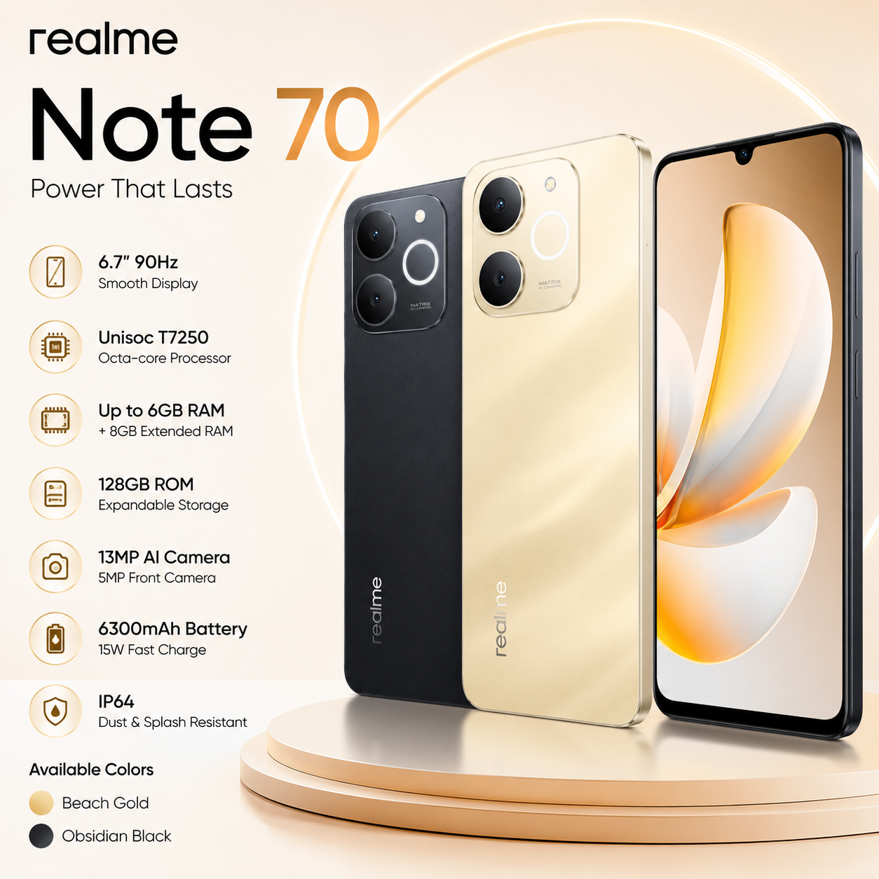 Realme Note 70 (4GB RAM + 128GB Storage, 6GB RAM + 128GB Storage) – 6.7" 90Hz Display, 6300mAh Battery, Android 15