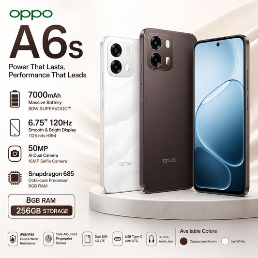 Oppo A6s (8GB RAM + 256GB Storage) – 7000mAh Battery, 80W Fast Charging, 50MP Camera