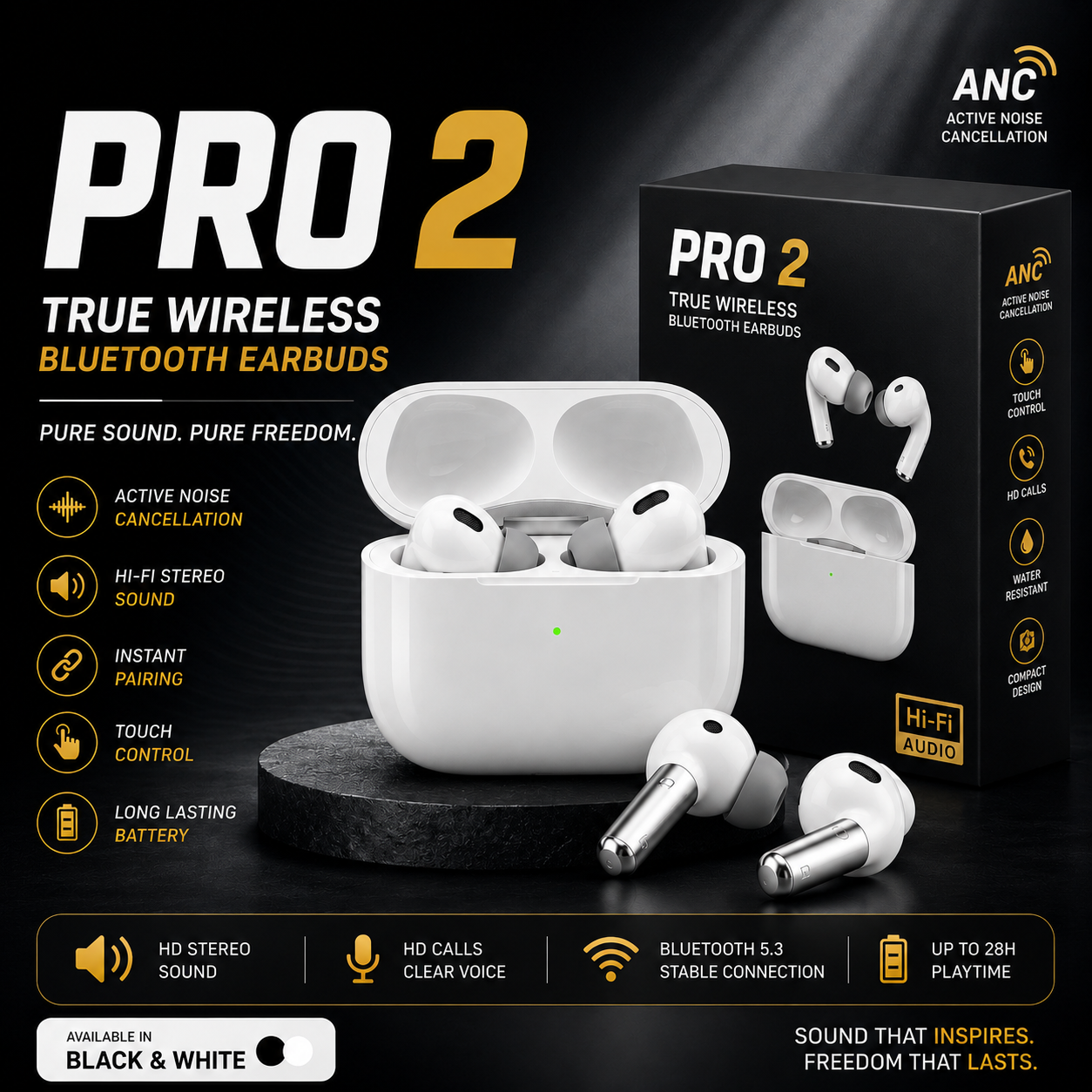 Pro 2  Wireless Earbuds – Deep Bass & Long Battery Backup
