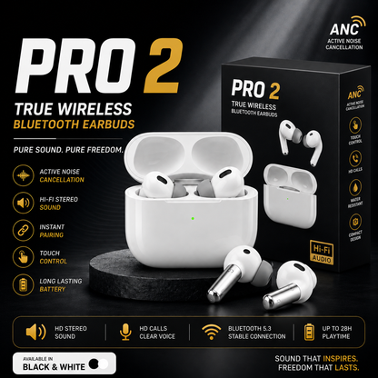 Pro 2  Wireless Earbuds – Deep Bass & Long Battery Backup