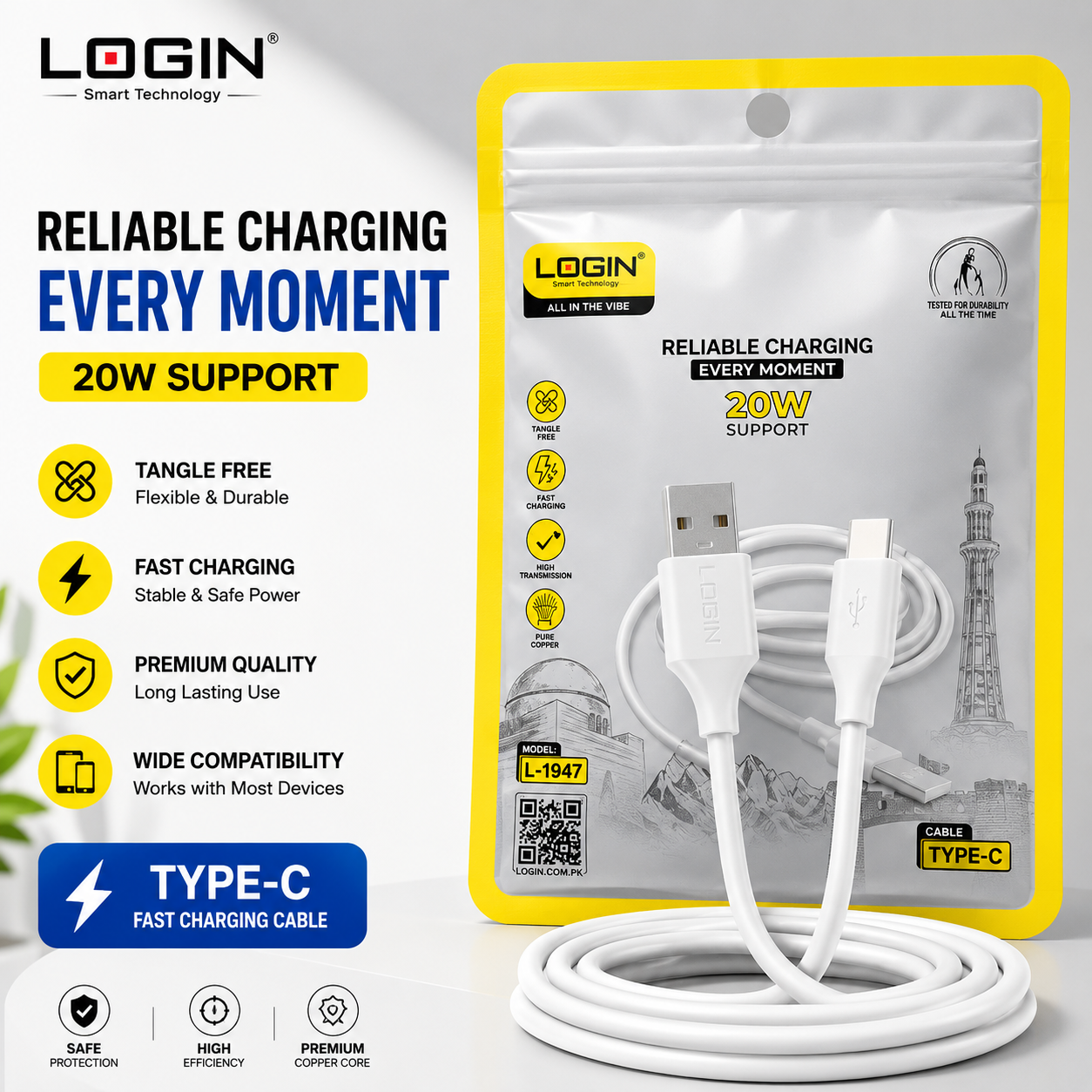 LOGIN L1947 USB to Type-C Charging Cable – Fast Charging & Data Sync