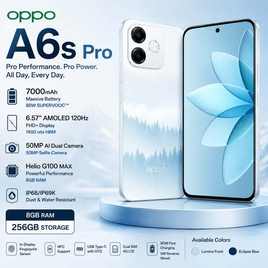 Oppo A6s Pro (8GB RAM + 256GB Storage) – 7000mAh Battery, 80W Fast Charging, 50MP AMOLED