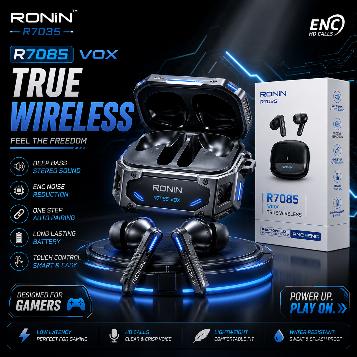 RONIN VOX R7085 Wireless Earbuds – ANC + ENC Noise Cancellation & Premium Sound