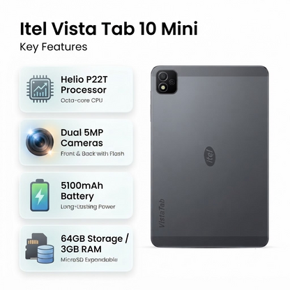 Itel Vista Tab 10 Mini – 64GB Storage, 3GB RAM, 5100mAh Battery, 5MP Camera