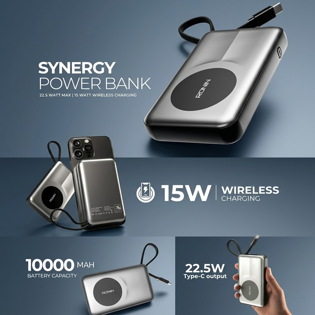 Ronin R-4060 Synergy 10,000mAh Power Bank | 22.5W Fast Charging, 15W Wireless Charging, & Built-in Cable