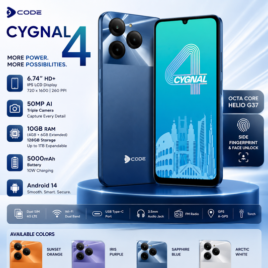 Dcode Cygnal 4 (10GB RAM (4GB + 6GB Extended) + 128GB Storage) – 5000mAh Battery, 50MP AI