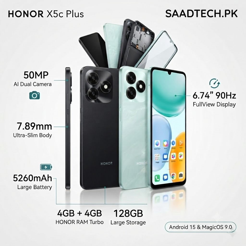 HONOR X5c PLUS 4GB RAM 128GB Storage - Android 15, 6.74" 90Hz Display, 50MP Camera, Helio G81, 5260mAh Battery  Product Description