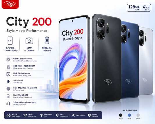 tel City 200 – 6.75" 120Hz Display, 50MP AI Camera, 5200mAh Battery (4GB + 128GB)