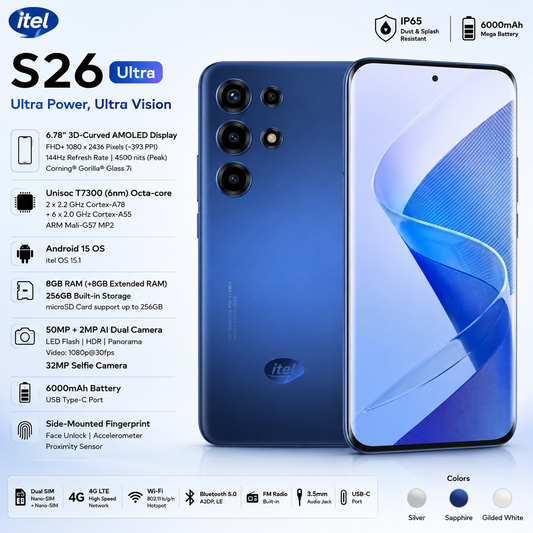 itel S26 Ultra – 144Hz Curved AMOLED Display, 50MP Camera, 6000mAh Battery (8GB + 256GB)