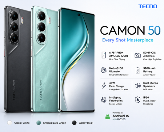 TECNO Camon 50 Smartphone – 120Hz AMOLED Display, 50MP OIS Camera, 6500 mAh Battery