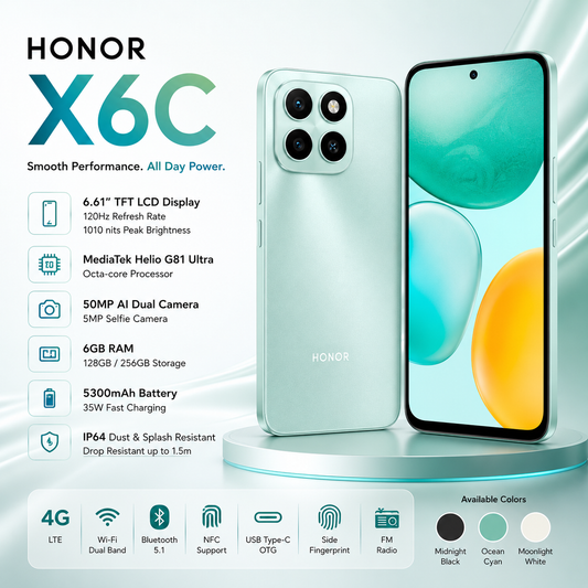 Honor X6C (6GB RAM + 128GB / 256GB Storage) – 5300mAh Battery, 120Hz Display, 50MP Camera, Android 15