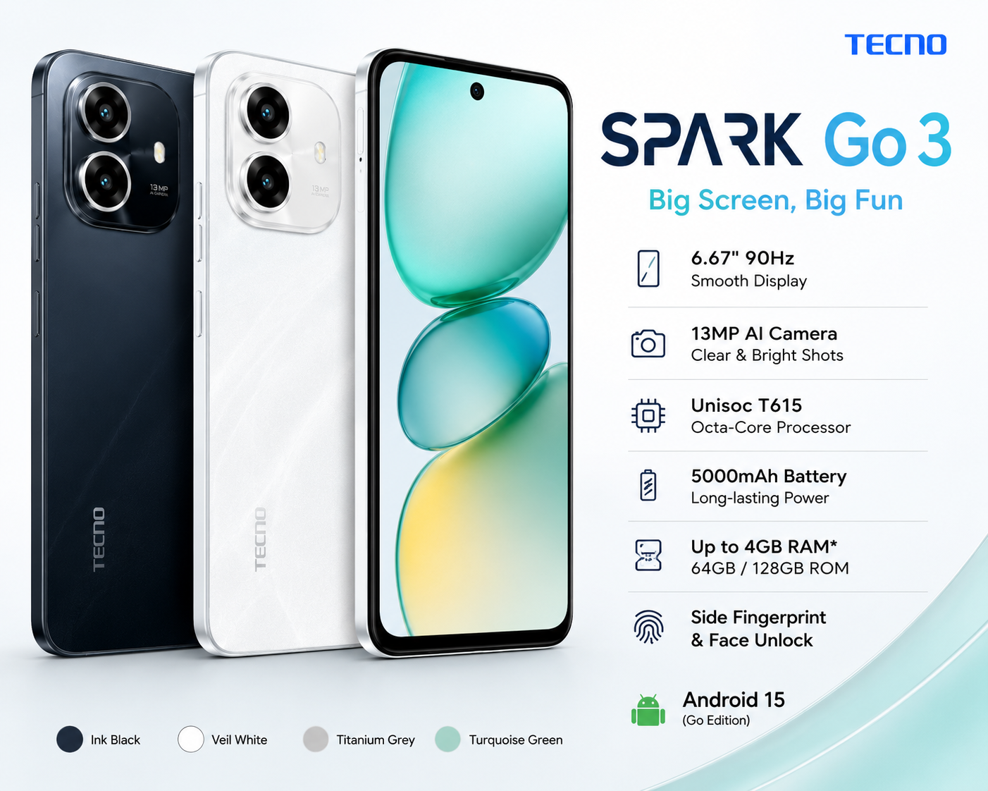 TECNO Spark Go 3 Smartphone – 90Hz Display, 13MP AI Camera, 5000mAh Battery
