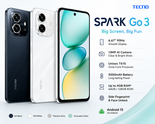 TECNO Spark Go 3 Smartphone – 90Hz Display, 13MP AI Camera, 5000mAh Battery