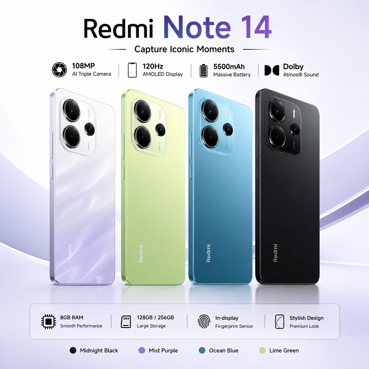 Xiaomi Redmi Note 14 (8GB RAM + 128GB / 8GB RAM + 256GB Storage) 120Hz AMOLED Display, 5500mAh Battery