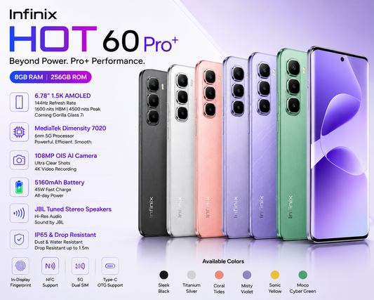 Infinix HOT 60 Pro plus (8GB+256GB) – 6.78" 144Hz AMOLED Display, 50MP AI Camera, 5160mAh Battery