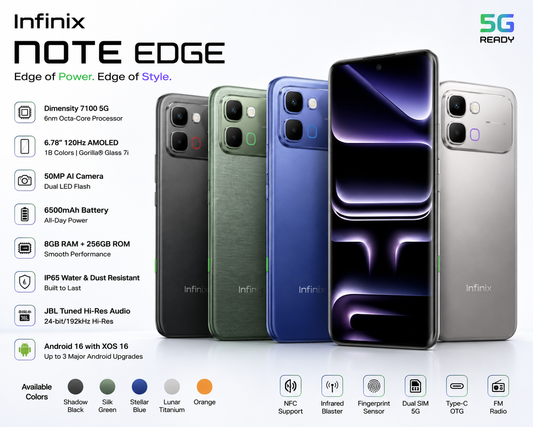 Infinix Note Edge (8GB RAM + 256GB Storage) – 6500mAh Battery, 120Hz AMOLED Display, Dimensity 7100 5G