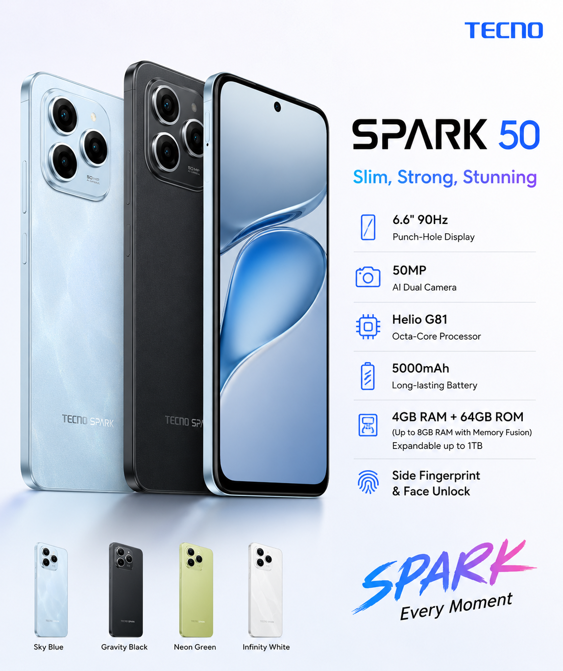 TECNO Spark 50 Smartphone – 120Hz Display, 50MP AI Camera, 5000mAh Battery (6GB + 128GB)