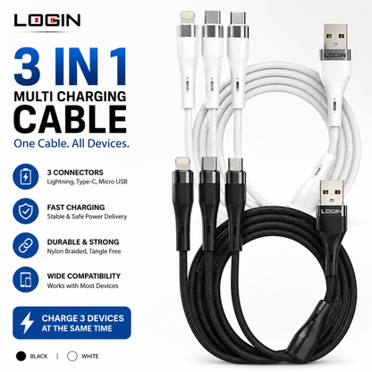 LOGIN L909 3-in-1 Fast Charging Cable – Type-C, Lightning & Micro USB