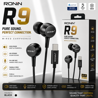 RONIN R9 Type-C Handsfree – Premium Wired Earphones with Clear Sound