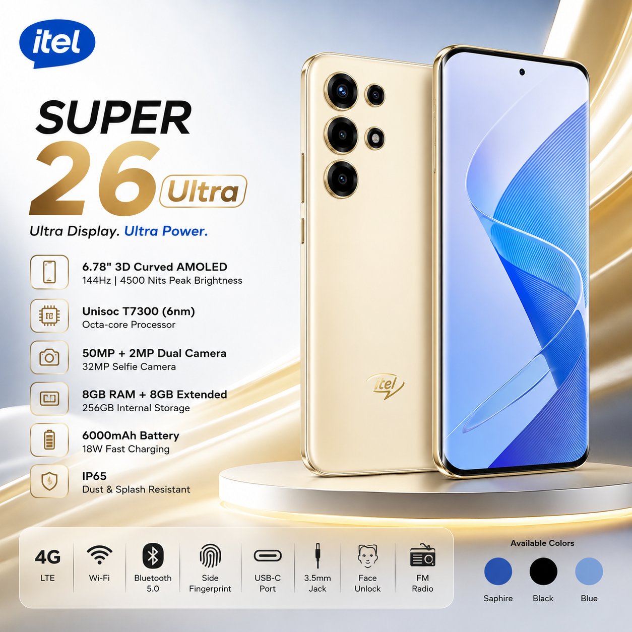 itel Super 26 Ultra (8GB RAM, 256GB Storage) – 6.78" 144Hz AMOLED Display, 6000mAh Battery, 4G Smartphone