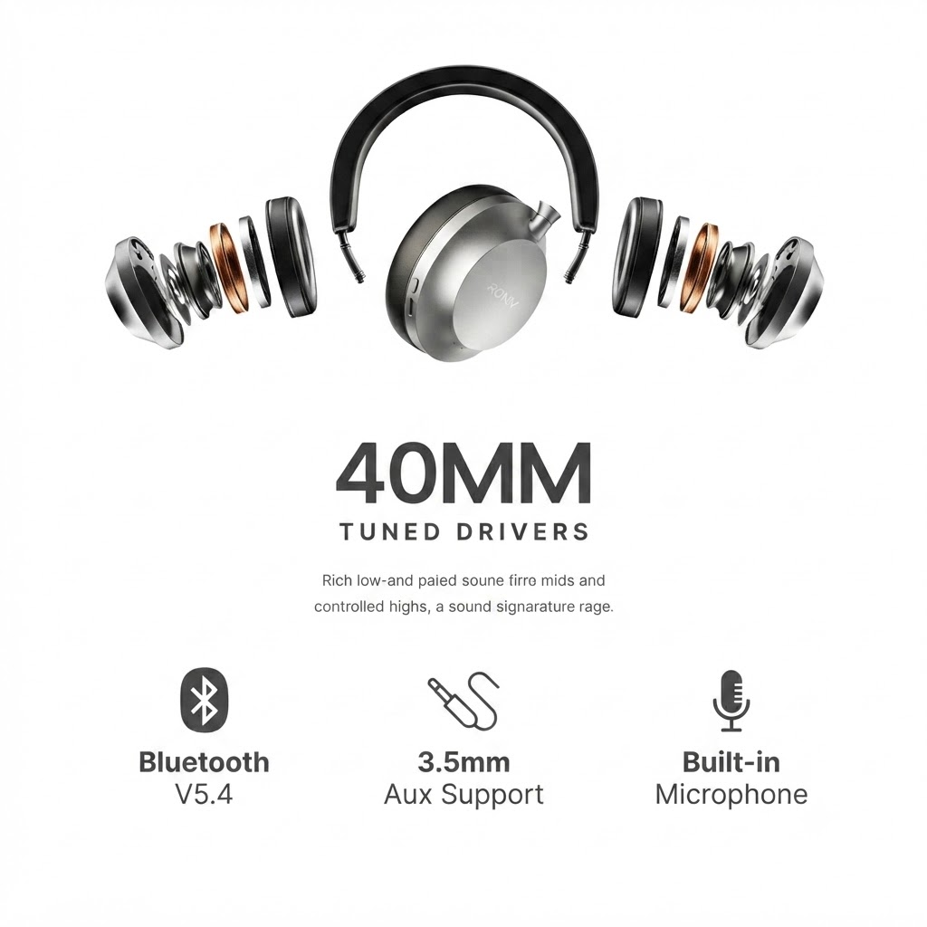Ronin Magnus R-1520 ANC Wireless Headphones – Bluetooth 5.4, 40mm Drivers & Gaming Mode