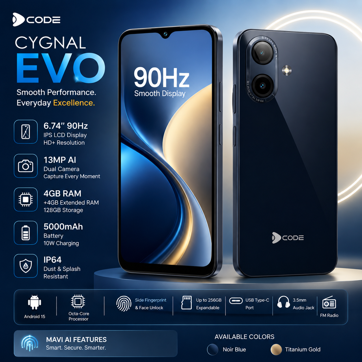 Dcode Cygnal Evo (4GB RAM + 128GB Storage) – 5000mAh Battery, 90Hz Display, 13MP AI Camera