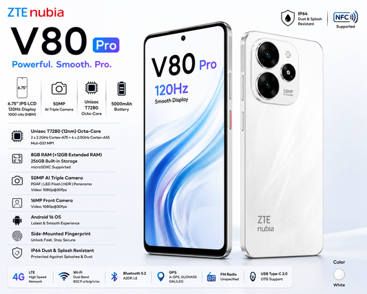 ZTE nubia V80 Pro – 120Hz Display, 50MP AI Camera, 5000mAh Battery (8GB + 256GB)