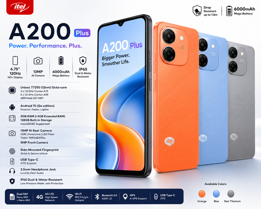 itel A200 Plus – 120Hz Display, 6000mAh Battery, Android 15 Go Edition (3GB + 128GB)