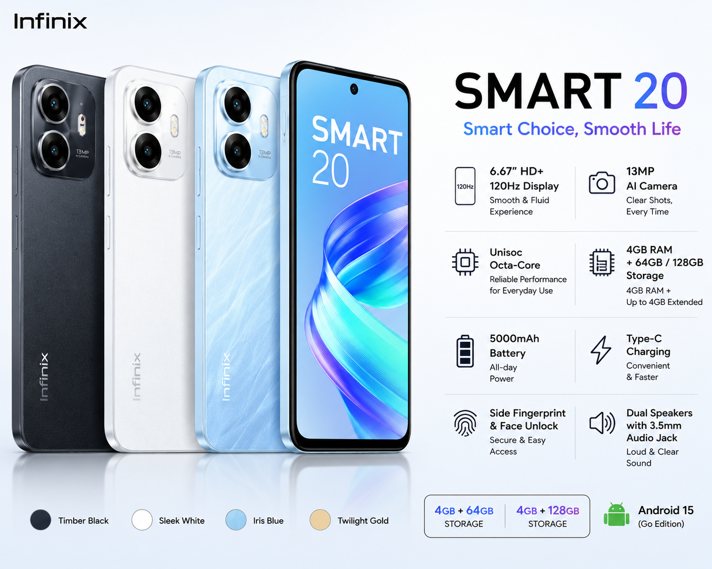 nfinix Smart 20 Smartphone – 120Hz Display, 5000mAh Battery (4GB + 64GB / 4GB + 128GB)