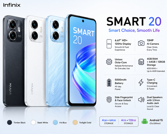nfinix Smart 20 Smartphone – 120Hz Display, 5000mAh Battery (4GB + 64GB / 4GB + 128GB)