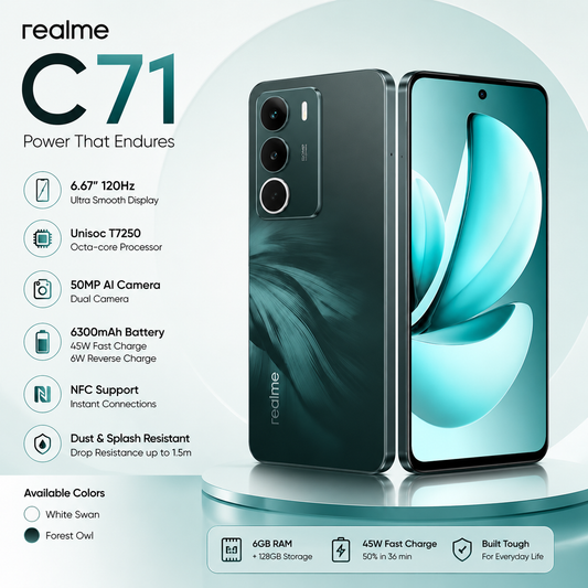 Realme C71 (6GB RAM + 128GB Storage) – 6.67" 120Hz Display, 50MP AI Camera, 6300mAh Battery, Android 15