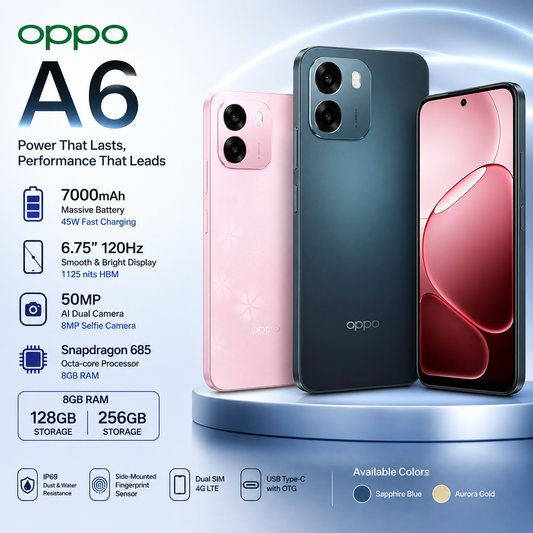 Oppo A6 (8GB RAM + 128GB / 256GB Storage) – 7000mAh Battery, 120Hz Display, 50MP Camera