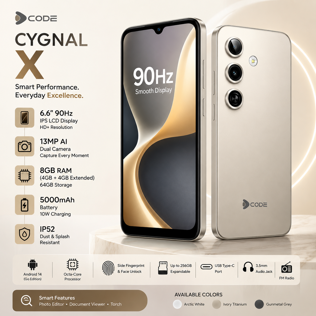 Dcode Cygnal X (8GB RAM (4GB + 4GB Extended) + 64GB Storage) – 5000mAh Battery, 90Hz Display, 13MP AI Camera